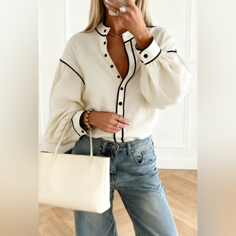 Margot- Elegant Cream Blouse with Black Trim